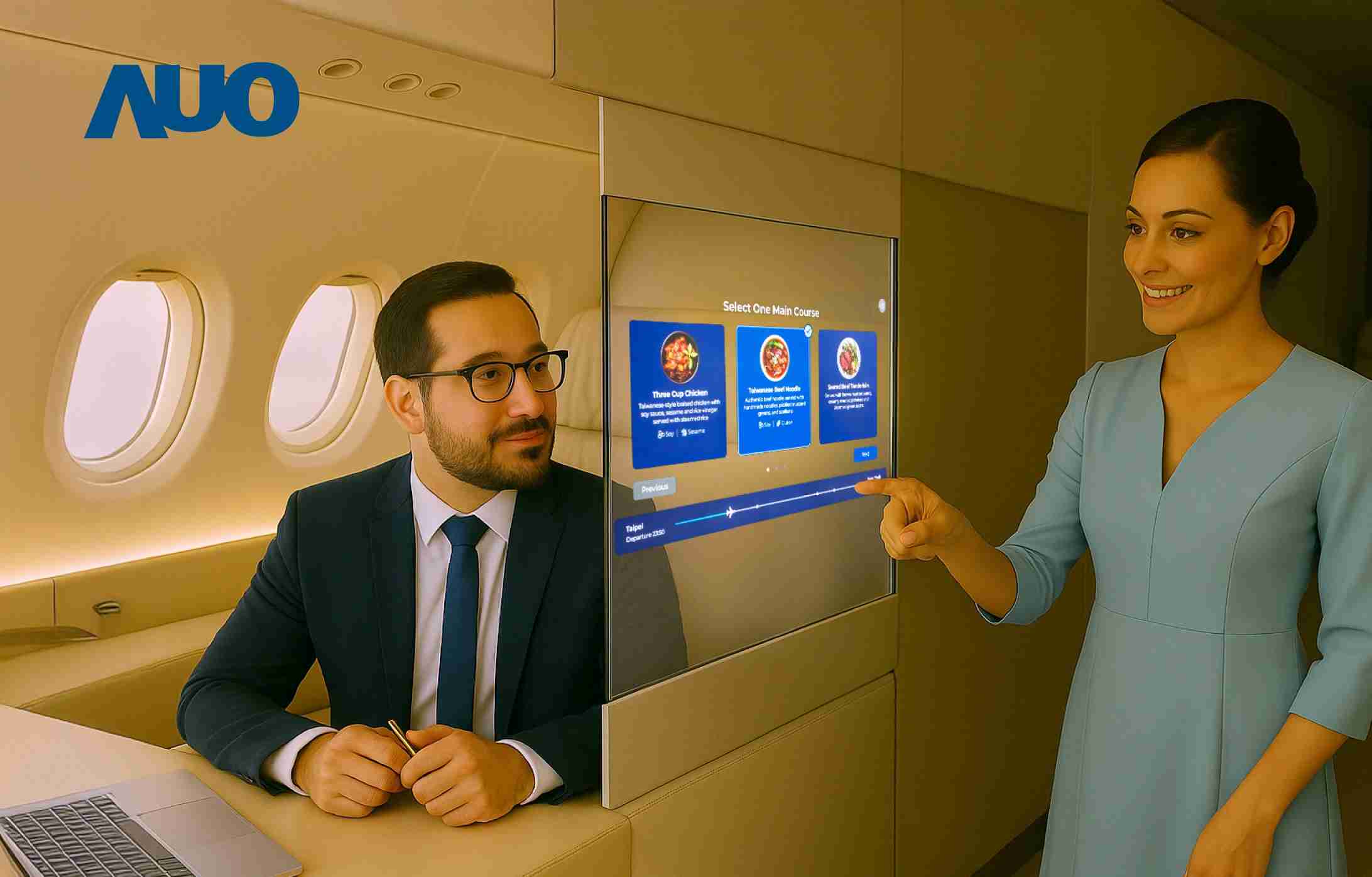 EBpay研发全球最薄17.3 吋双面透明 Micro LED 显示器，，，可在同一屏幕之双边投射不同信息，，创造独特的”透明化”互动；图为实时翻译交流应用情境